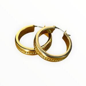 Textured Center Gold Tone Hoop Earrings 1 Inch Drop